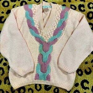 American Weekend Vintage 1989 Pink Knit Braided Front Sweater